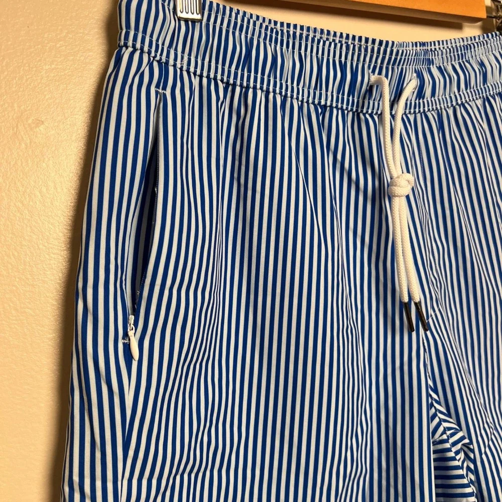 NWT Maamgic Men's Swim Trunks Compression Medium Blue Striped Zip Pockets Beach